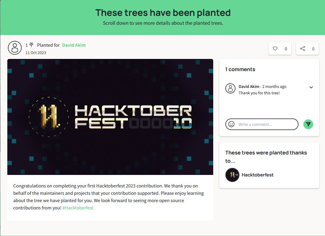 Received Hacktoberfest Tree 2023